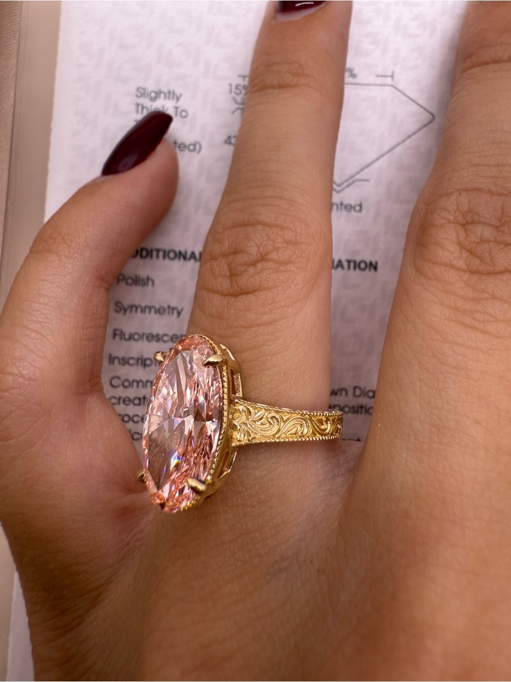 4.49 carat fancy vivid pink VS1 oval diamond engagement ring vintage style - Picture 11 of 12